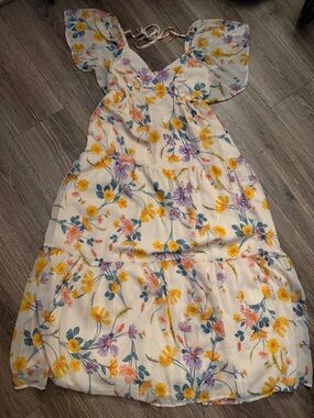 Patrons of Peace White Floral Maxi Dress with Yellow, Purple, and Pink Flowers